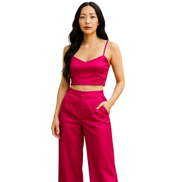 House of Harlow Satin Pants Crop Top SET S High Waist Elastic Back Pink NWT - Picture 1 of 9